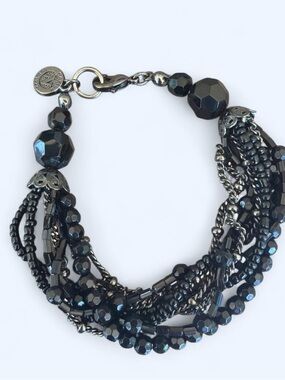 Vintage Napier Signed Multi-Strand Black Gunmetal Beaded Bracelet